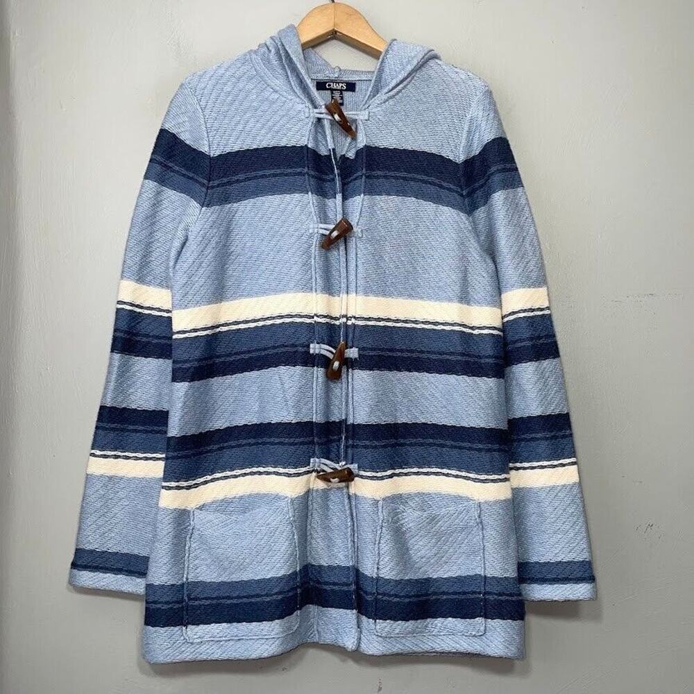 Chaps Blue Striped Cardigan Size Medium Hooded Toggle Nautical Coastal Cowgirl